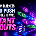 Graphic with neon blue, pink, and purple colors featuring the headline: “Prediction Markets Could Push Sportsbooks Toward Instant Payouts.” On the right, a glowing sign reads “Paid Instantly” surrounded by flying dollar bills, coins, directional arrows, and a checkmark icon. A stopwatch with a dollar sign appears in the foreground, emphasizing speed. The design conveys the concept of faster sportsbook payouts driven by prediction market competition, using futuristic lighting effects and motion graphics.