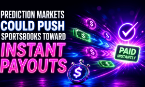 Graphic with neon blue, pink, and purple colors featuring the headline: “Prediction Markets Could Push Sportsbooks Toward Instant Payouts.” On the right, a glowing sign reads “Paid Instantly” surrounded by flying dollar bills, coins, directional arrows, and a checkmark icon. A stopwatch with a dollar sign appears in the foreground, emphasizing speed. The design conveys the concept of faster sportsbook payouts driven by prediction market competition, using futuristic lighting effects and motion graphics.
