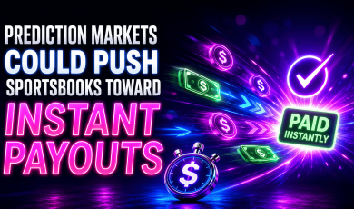 Graphic with neon blue, pink, and purple colors featuring the headline: “Prediction Markets Could Push Sportsbooks Toward Instant Payouts.” On the right, a glowing sign reads “Paid Instantly” surrounded by flying dollar bills, coins, directional arrows, and a checkmark icon. A stopwatch with a dollar sign appears in the foreground, emphasizing speed. The design conveys the concept of faster sportsbook payouts driven by prediction market competition, using futuristic lighting effects and motion graphics.