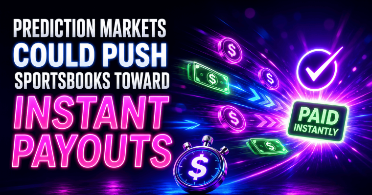 Graphic with neon blue, pink, and purple colors featuring the headline: “Prediction Markets Could Push Sportsbooks Toward Instant Payouts.” On the right, a glowing sign reads “Paid Instantly” surrounded by flying dollar bills, coins, directional arrows, and a checkmark icon. A stopwatch with a dollar sign appears in the foreground, emphasizing speed. The design conveys the concept of faster sportsbook payouts driven by prediction market competition, using futuristic lighting effects and motion graphics.
