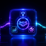 Illustration representing partnerships and integrations in sports and prediction markets. Two smartphones displaying financial charts and market-tracking dashboards sit on either side of the image. At the center, a glowing panel features a handshake icon, symbolizing collaboration or a business agreement, surrounded by icons of a trophy, an upward-trending chart, and a soccer ball. Streams of blue and purple light connect the smartphones to the central panel, suggesting the flow of data, analytics, and market information between platforms. The image uses a futuristic neon blue and purple color palette against a dark background.