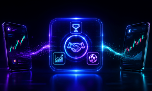 Illustration representing partnerships and integrations in sports and prediction markets. Two smartphones displaying financial charts and market-tracking dashboards sit on either side of the image. At the center, a glowing panel features a handshake icon, symbolizing collaboration or a business agreement, surrounded by icons of a trophy, an upward-trending chart, and a soccer ball. Streams of blue and purple light connect the smartphones to the central panel, suggesting the flow of data, analytics, and market information between platforms. The image uses a futuristic neon blue and purple color palette against a dark background.