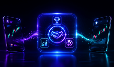 Illustration representing partnerships and integrations in sports and prediction markets. Two smartphones displaying financial charts and market-tracking dashboards sit on either side of the image. At the center, a glowing panel features a handshake icon, symbolizing collaboration or a business agreement, surrounded by icons of a trophy, an upward-trending chart, and a soccer ball. Streams of blue and purple light connect the smartphones to the central panel, suggesting the flow of data, analytics, and market information between platforms. The image uses a futuristic neon blue and purple color palette against a dark background.