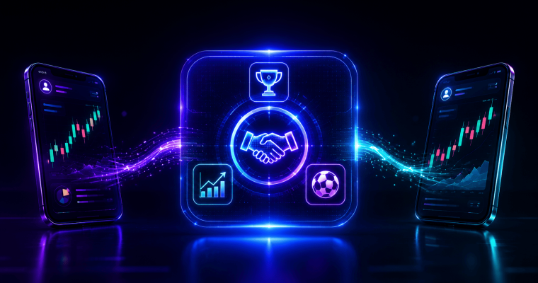 Illustration representing partnerships and integrations in sports and prediction markets. Two smartphones displaying financial charts and market-tracking dashboards sit on either side of the image. At the center, a glowing panel features a handshake icon, symbolizing collaboration or a business agreement, surrounded by icons of a trophy, an upward-trending chart, and a soccer ball. Streams of blue and purple light connect the smartphones to the central panel, suggesting the flow of data, analytics, and market information between platforms. The image uses a futuristic neon blue and purple color palette against a dark background.
