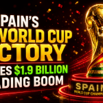 Promotional graphic highlighting Spain’s FIFA Women’s World Cup victory and its economic impact. Large gold and white text reads, “Spain’s World Cup Victory Drives $1.9 Billion Trading Boom.” A Spanish flag appears on the left, while the World Cup trophy stands prominently on the right, wrapped with a red-and-yellow ribbon resembling the colors of Spain’s flag. The trophy sits on a glowing pedestal labeled “Spain World Cup Champions.” Red and gold confetti fills the dark background, with bright neon lighting effects emphasizing the celebratory atmosphere and financial-growth theme.