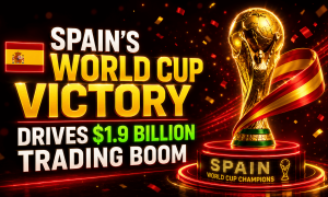 Promotional graphic highlighting Spain’s FIFA Women’s World Cup victory and its economic impact. Large gold and white text reads, “Spain’s World Cup Victory Drives $1.9 Billion Trading Boom.” A Spanish flag appears on the left, while the World Cup trophy stands prominently on the right, wrapped with a red-and-yellow ribbon resembling the colors of Spain’s flag. The trophy sits on a glowing pedestal labeled “Spain World Cup Champions.” Red and gold confetti fills the dark background, with bright neon lighting effects emphasizing the celebratory atmosphere and financial-growth theme.