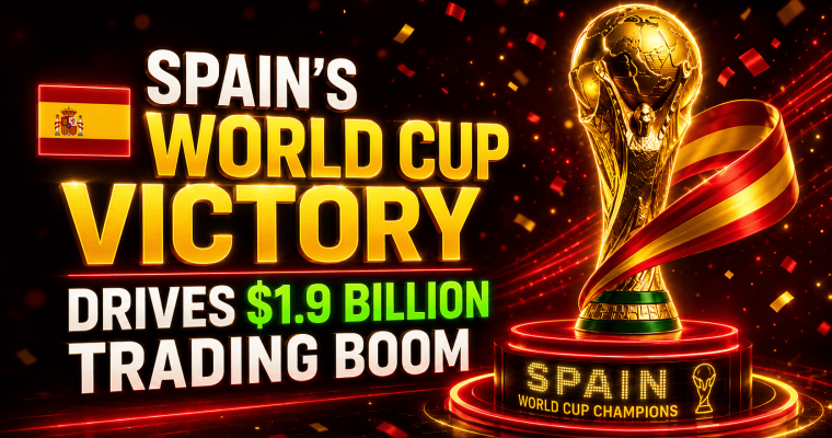 Promotional graphic highlighting Spain’s FIFA Women’s World Cup victory and its economic impact. Large gold and white text reads, “Spain’s World Cup Victory Drives $1.9 Billion Trading Boom.” A Spanish flag appears on the left, while the World Cup trophy stands prominently on the right, wrapped with a red-and-yellow ribbon resembling the colors of Spain’s flag. The trophy sits on a glowing pedestal labeled “Spain World Cup Champions.” Red and gold confetti fills the dark background, with bright neon lighting effects emphasizing the celebratory atmosphere and financial-growth theme.