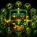 Illustration matching zodiac signs with casino games. At the center, a glowing green-and-gold slot machine displays reels featuring a star, cherries, and a horseshoe symbol. Surrounding the slot machine is a circular arrangement of all 12 zodiac symbols: Aries (ram), Taurus (bull), Gemini (twins), Cancer (crab), Leo (lion), Virgo (maiden), Libra (scales), Scorpio (scorpion), Sagittarius (archer), Capricorn (goat), Aquarius (water bearer), and Pisces (fish). Playing cards, casino chips, gold coins, and sparkling light effects appear in the foreground, while green and gold energy waves curve across a dark background. The image combines astrology and casino gaming themes with a bright, mystical design.