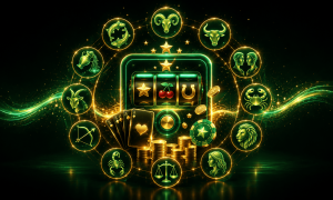 Illustration matching zodiac signs with casino games. At the center, a glowing green-and-gold slot machine displays reels featuring a star, cherries, and a horseshoe symbol. Surrounding the slot machine is a circular arrangement of all 12 zodiac symbols: Aries (ram), Taurus (bull), Gemini (twins), Cancer (crab), Leo (lion), Virgo (maiden), Libra (scales), Scorpio (scorpion), Sagittarius (archer), Capricorn (goat), Aquarius (water bearer), and Pisces (fish). Playing cards, casino chips, gold coins, and sparkling light effects appear in the foreground, while green and gold energy waves curve across a dark background. The image combines astrology and casino gaming themes with a bright, mystical design.