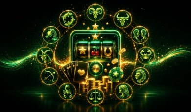 Illustration matching zodiac signs with casino games. At the center, a glowing green-and-gold slot machine displays reels featuring a star, cherries, and a horseshoe symbol. Surrounding the slot machine is a circular arrangement of all 12 zodiac symbols: Aries (ram), Taurus (bull), Gemini (twins), Cancer (crab), Leo (lion), Virgo (maiden), Libra (scales), Scorpio (scorpion), Sagittarius (archer), Capricorn (goat), Aquarius (water bearer), and Pisces (fish). Playing cards, casino chips, gold coins, and sparkling light effects appear in the foreground, while green and gold energy waves curve across a dark background. The image combines astrology and casino gaming themes with a bright, mystical design.