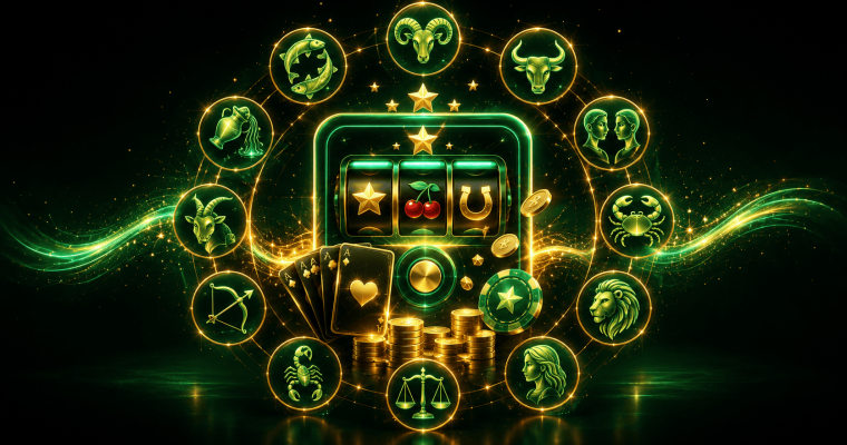 Illustration matching zodiac signs with casino games. At the center, a glowing green-and-gold slot machine displays reels featuring a star, cherries, and a horseshoe symbol. Surrounding the slot machine is a circular arrangement of all 12 zodiac symbols: Aries (ram), Taurus (bull), Gemini (twins), Cancer (crab), Leo (lion), Virgo (maiden), Libra (scales), Scorpio (scorpion), Sagittarius (archer), Capricorn (goat), Aquarius (water bearer), and Pisces (fish). Playing cards, casino chips, gold coins, and sparkling light effects appear in the foreground, while green and gold energy waves curve across a dark background. The image combines astrology and casino gaming themes with a bright, mystical design.