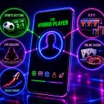 Neon-style infographic centered on a smartphone displaying the title “The Hybrid Player.” Glowing connection lines link the phone to five gaming categories arranged around it: Sports Betting, represented by a soccer ball and betting odds board; Slots, shown with a slot machine displaying triple sevens and stacks of chips; Online Casino, featuring playing cards, roulette, and casino chips; Live Dealers, illustrated by a dealer seated at a casino table; and Crash Games, represented by a rising chart and rocket icon. The graphic uses bright blue, purple, pink, and green neon lighting on a dark futuristic background to illustrate players engaging across multiple forms of online gambling from a single mobile device.