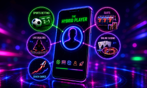 Neon-style infographic centered on a smartphone displaying the title “The Hybrid Player.” Glowing connection lines link the phone to five gaming categories arranged around it: Sports Betting, represented by a soccer ball and betting odds board; Slots, shown with a slot machine displaying triple sevens and stacks of chips; Online Casino, featuring playing cards, roulette, and casino chips; Live Dealers, illustrated by a dealer seated at a casino table; and Crash Games, represented by a rising chart and rocket icon. The graphic uses bright blue, purple, pink, and green neon lighting on a dark futuristic background to illustrate players engaging across multiple forms of online gambling from a single mobile device.