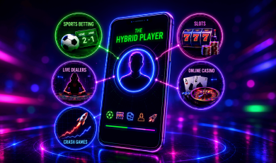 Neon-style infographic centered on a smartphone displaying the title “The Hybrid Player.” Glowing connection lines link the phone to five gaming categories arranged around it: Sports Betting, represented by a soccer ball and betting odds board; Slots, shown with a slot machine displaying triple sevens and stacks of chips; Online Casino, featuring playing cards, roulette, and casino chips; Live Dealers, illustrated by a dealer seated at a casino table; and Crash Games, represented by a rising chart and rocket icon. The graphic uses bright blue, purple, pink, and green neon lighting on a dark futuristic background to illustrate players engaging across multiple forms of online gambling from a single mobile device.