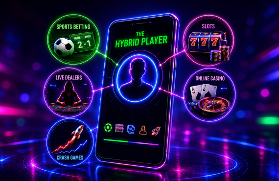 Neon-style infographic centered on a smartphone displaying the title “The Hybrid Player.” Glowing connection lines link the phone to five gaming categories arranged around it: Sports Betting, represented by a soccer ball and betting odds board; Slots, shown with a slot machine displaying triple sevens and stacks of chips; Online Casino, featuring playing cards, roulette, and casino chips; Live Dealers, illustrated by a dealer seated at a casino table; and Crash Games, represented by a rising chart and rocket icon. The graphic uses bright blue, purple, pink, and green neon lighting on a dark futuristic background to illustrate players engaging across multiple forms of online gambling from a single mobile device.