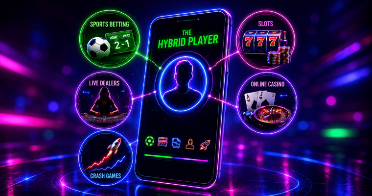 Neon-style infographic centered on a smartphone displaying the title “The Hybrid Player.” Glowing connection lines link the phone to five gaming categories arranged around it: Sports Betting, represented by a soccer ball and betting odds board; Slots, shown with a slot machine displaying triple sevens and stacks of chips; Online Casino, featuring playing cards, roulette, and casino chips; Live Dealers, illustrated by a dealer seated at a casino table; and Crash Games, represented by a rising chart and rocket icon. The graphic uses bright blue, purple, pink, and green neon lighting on a dark futuristic background to illustrate players engaging across multiple forms of online gambling from a single mobile device.