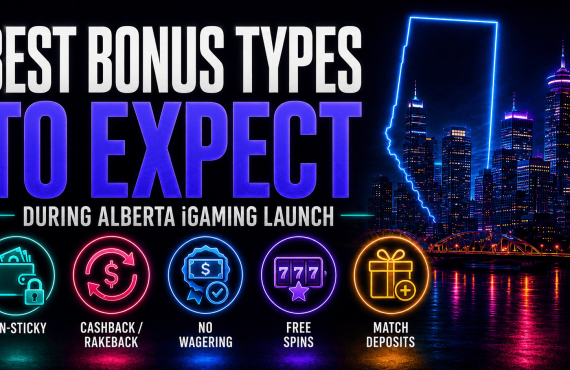 Promotional graphic titled “Best Bonus Types to Expect During Alberta iGaming Launch” with a neon city skyline inside an outline of Alberta. Icons highlight five bonus types: non-sticky bonuses, cashback/rakeback, no-wagering bonuses, free spins, and match deposits.