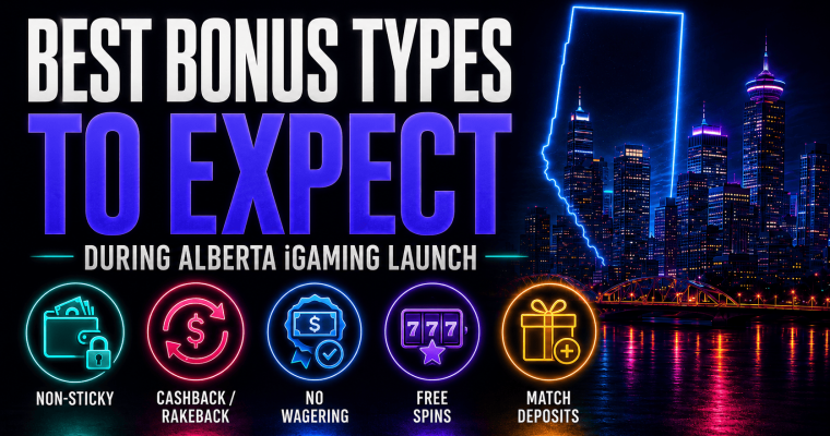 Promotional graphic titled “Best Bonus Types to Expect During Alberta iGaming Launch” with a neon city skyline inside an outline of Alberta. Icons highlight five bonus types: non-sticky bonuses, cashback/rakeback, no-wagering bonuses, free spins, and match deposits.