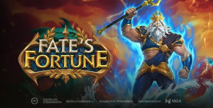 Promotional artwork for the online slot game “Fate’s Fortune.” A large gold-and-blue fantasy logo appears on the left, framed by laurel leaves. On the right, a muscular mythological sea ruler with a white beard, golden crown, and dark blue armor raises a golden trident. Blue magical energy glows behind the character, while ocean waves crash around the lower edge of the scene. The background features dramatic orange and red storm clouds contrasted with bright blue light effects. Small responsible gambling and licensing text appears along the bottom.