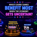 Neon-style infographic titled “Which Casino Games Benefit Most When the Economy Gets Uncertain?” set against a futuristic nighttime city skyline. The center features glowing blue and pink text surrounded by card suit symbols. Around the graphic are six highlighted gambling categories: Blackjack, represented by playing cards and poker chips beside a downward-trending market chart; Sports Betting, shown with a smartphone displaying live odds, a soccer player silhouette, and betting chips; Live Dealer Games, depicted with a casino dealer at a table; Progressive Jackpot Slots, illustrated by a slot machine displaying triple sevens and gold coins; Baccarat, shown with banker and player cards alongside stacks of chips; and Crash Games, represented by a smartphone with a rising multiplier chart and a rocket launch graphic. The image uses vibrant blue, purple, pink, green, and gold neon lighting throughout.