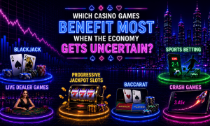Neon-style infographic titled “Which Casino Games Benefit Most When the Economy Gets Uncertain?” set against a futuristic nighttime city skyline. The center features glowing blue and pink text surrounded by card suit symbols. Around the graphic are six highlighted gambling categories: Blackjack, represented by playing cards and poker chips beside a downward-trending market chart; Sports Betting, shown with a smartphone displaying live odds, a soccer player silhouette, and betting chips; Live Dealer Games, depicted with a casino dealer at a table; Progressive Jackpot Slots, illustrated by a slot machine displaying triple sevens and gold coins; Baccarat, shown with banker and player cards alongside stacks of chips; and Crash Games, represented by a smartphone with a rising multiplier chart and a rocket launch graphic. The image uses vibrant blue, purple, pink, green, and gold neon lighting throughout.