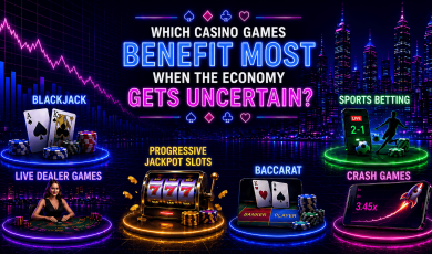 Neon-style infographic titled “Which Casino Games Benefit Most When the Economy Gets Uncertain?” set against a futuristic nighttime city skyline. The center features glowing blue and pink text surrounded by card suit symbols. Around the graphic are six highlighted gambling categories: Blackjack, represented by playing cards and poker chips beside a downward-trending market chart; Sports Betting, shown with a smartphone displaying live odds, a soccer player silhouette, and betting chips; Live Dealer Games, depicted with a casino dealer at a table; Progressive Jackpot Slots, illustrated by a slot machine displaying triple sevens and gold coins; Baccarat, shown with banker and player cards alongside stacks of chips; and Crash Games, represented by a smartphone with a rising multiplier chart and a rocket launch graphic. The image uses vibrant blue, purple, pink, green, and gold neon lighting throughout.