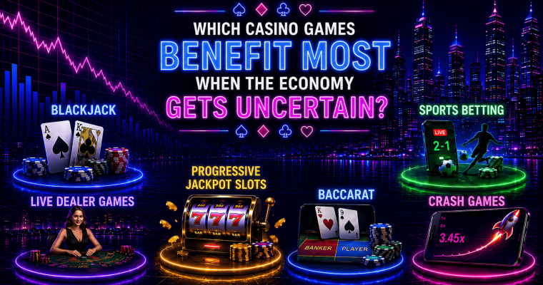 Neon-style infographic titled “Which Casino Games Benefit Most When the Economy Gets Uncertain?” set against a futuristic nighttime city skyline. The center features glowing blue and pink text surrounded by card suit symbols. Around the graphic are six highlighted gambling categories: Blackjack, represented by playing cards and poker chips beside a downward-trending market chart; Sports Betting, shown with a smartphone displaying live odds, a soccer player silhouette, and betting chips; Live Dealer Games, depicted with a casino dealer at a table; Progressive Jackpot Slots, illustrated by a slot machine displaying triple sevens and gold coins; Baccarat, shown with banker and player cards alongside stacks of chips; and Crash Games, represented by a smartphone with a rising multiplier chart and a rocket launch graphic. The image uses vibrant blue, purple, pink, green, and gold neon lighting throughout.