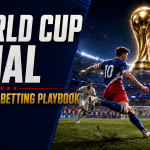 Illustration of a soccer player in a USA-style uniform kicking a ball during a World Cup final match in a packed stadium, with a large golden World Cup trophy above the field and the text “World Cup Final Home-Soil Betting Playbook.”