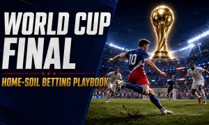Illustration of a soccer player in a USA-style uniform kicking a ball during a World Cup final match in a packed stadium, with a large golden World Cup trophy above the field and the text “World Cup Final Home-Soil Betting Playbook.”