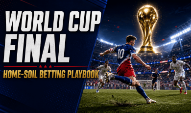 Illustration of a soccer player in a USA-style uniform kicking a ball during a World Cup final match in a packed stadium, with a large golden World Cup trophy above the field and the text “World Cup Final Home-Soil Betting Playbook.”