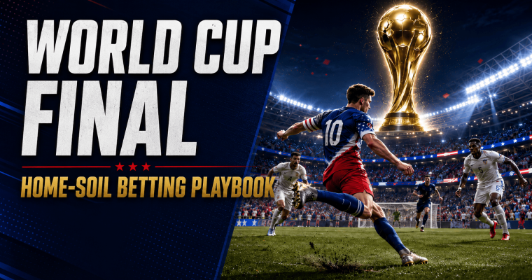 Illustration of a soccer player in a USA-style uniform kicking a ball during a World Cup final match in a packed stadium, with a large golden World Cup trophy above the field and the text “World Cup Final Home-Soil Betting Playbook.”