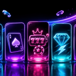 Illustration highlighting fast-growing sweepstakes casinos, featuring five glowing mobile screens that represent key sweeps casino features. The screens display symbols for coin rewards and redemptions, card games, slot machines with 777 reels, premium prizes represented by a diamond, and social casino-style bonus rewards. Floating casino chips, virtual currency icons, and an upward-trending arrow emphasize player growth, increasing popularity, and market momentum. The neon blue, pink, and purple design conveys the rapid rise of sweepstakes casinos offering slots, table games, rewards programs, and promotional bonuses.