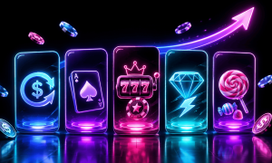 Illustration highlighting fast-growing sweepstakes casinos, featuring five glowing mobile screens that represent key sweeps casino features. The screens display symbols for coin rewards and redemptions, card games, slot machines with 777 reels, premium prizes represented by a diamond, and social casino-style bonus rewards. Floating casino chips, virtual currency icons, and an upward-trending arrow emphasize player growth, increasing popularity, and market momentum. The neon blue, pink, and purple design conveys the rapid rise of sweepstakes casinos offering slots, table games, rewards programs, and promotional bonuses.