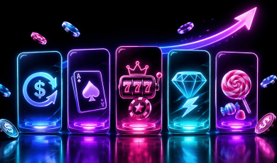 Illustration highlighting fast-growing sweepstakes casinos, featuring five glowing mobile screens that represent key sweeps casino features. The screens display symbols for coin rewards and redemptions, card games, slot machines with 777 reels, premium prizes represented by a diamond, and social casino-style bonus rewards. Floating casino chips, virtual currency icons, and an upward-trending arrow emphasize player growth, increasing popularity, and market momentum. The neon blue, pink, and purple design conveys the rapid rise of sweepstakes casinos offering slots, table games, rewards programs, and promotional bonuses.