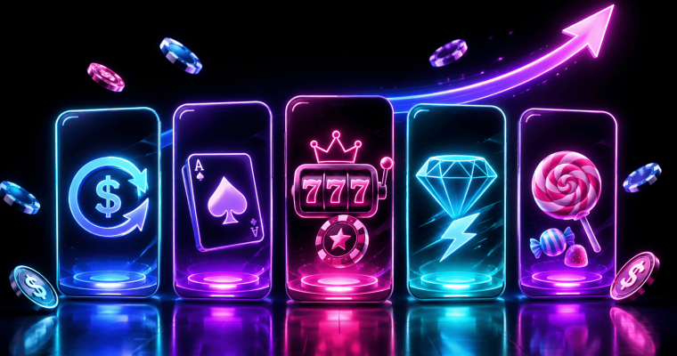Illustration highlighting fast-growing sweepstakes casinos, featuring five glowing mobile screens that represent key sweeps casino features. The screens display symbols for coin rewards and redemptions, card games, slot machines with 777 reels, premium prizes represented by a diamond, and social casino-style bonus rewards. Floating casino chips, virtual currency icons, and an upward-trending arrow emphasize player growth, increasing popularity, and market momentum. The neon blue, pink, and purple design conveys the rapid rise of sweepstakes casinos offering slots, table games, rewards programs, and promotional bonuses.