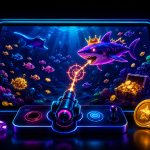 Illustration of fish games in sweepstakes casinos featuring an underwater arcade-style shooting game displayed on a large tablet screen. A crowned shark swims through a colorful ocean environment filled with tropical fish, treasure chests, gold coins, coral reefs, and sea creatures while a player-controlled cannon targets marine life with a glowing crosshair. Additional mobile screens show fish-themed casino gameplay and bonus features in the background. Neon blue, purple, and gold lighting highlights the growing popularity of fish games in sweeps casinos, where players use virtual currency to play skill-based ocean shooting games for rewards and prizes.