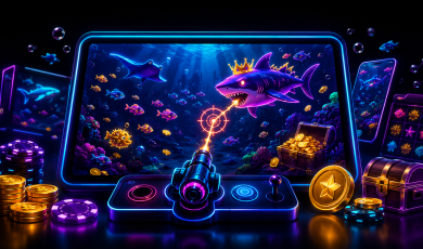 Illustration of fish games in sweepstakes casinos featuring an underwater arcade-style shooting game displayed on a large tablet screen. A crowned shark swims through a colorful ocean environment filled with tropical fish, treasure chests, gold coins, coral reefs, and sea creatures while a player-controlled cannon targets marine life with a glowing crosshair. Additional mobile screens show fish-themed casino gameplay and bonus features in the background. Neon blue, purple, and gold lighting highlights the growing popularity of fish games in sweeps casinos, where players use virtual currency to play skill-based ocean shooting games for rewards and prizes.