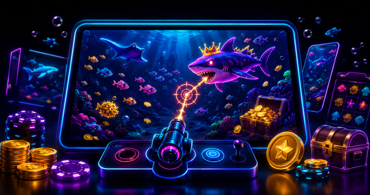 Illustration of fish games in sweepstakes casinos featuring an underwater arcade-style shooting game displayed on a large tablet screen. A crowned shark swims through a colorful ocean environment filled with tropical fish, treasure chests, gold coins, coral reefs, and sea creatures while a player-controlled cannon targets marine life with a glowing crosshair. Additional mobile screens show fish-themed casino gameplay and bonus features in the background. Neon blue, purple, and gold lighting highlights the growing popularity of fish games in sweeps casinos, where players use virtual currency to play skill-based ocean shooting games for rewards and prizes.