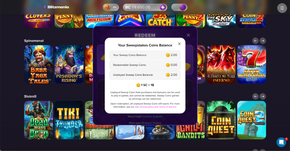 Screenshot of a sweepstakes casino redemption screen showing Sweepstakes Coins (SC) balance information. A pop-up window titled “Redeem” displays a Sweep Coins Balance of 2.00 SC, Redeemable Sweep Coins of 0.00 SC, and an Unplayed Sweep Coins Balance of 2.00 SC. The screen explains that 1 SC = $1 and notes that unplayed Sweep Coins received from purchases or bonuses can be used for gameplay but cannot be redeemed until playthrough requirements have been met.

Behind the pop-up is the casino lobby featuring slot game thumbnails, including titles such as Baba Yaga Tales, Poseidon's Rising, 4 Horsemen II Inferno, Dead Man's Drop, Tiki Thunder, Coin Quest, and Coin Quest 2. The top navigation bar shows a virtual coin balance of BC 19,650.00, while menu, support chat, and navigation controls are visible around the edges of the interface.