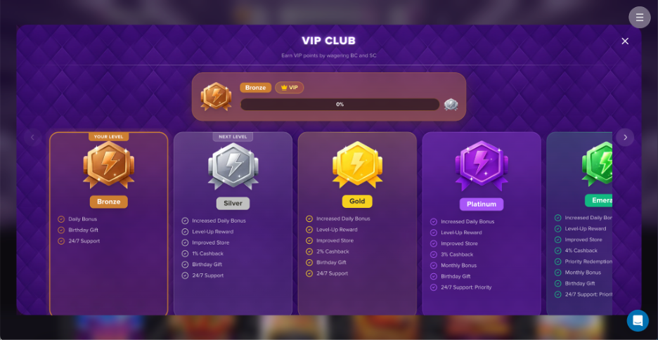 Screenshot of a VIP Club rewards program inside an online casino or social casino platform. The interface features a purple-themed design with a progress bar at the top showing the player currently at the Bronze level with 0% progress toward the next tier. Five membership tiers are displayed in separate columns: Bronze, Silver, Gold, Platinum, and Emerald, each represented by a different colored badge.

The Bronze tier is marked as the current level and includes benefits such as daily bonus, birthday gift, and 24/7 support. Higher tiers list increasingly valuable perks, including level-up rewards, improved store offers, cashback percentages, monthly bonuses, priority redemption, and priority customer support. The Gold tier highlights 2% cashback, while Platinum offers 3% cashback and Emerald offers 4% cashback. Navigation arrows appear on both sides of the rewards panel, and menu, close, and chat support icons are visible around the edges of the screen.