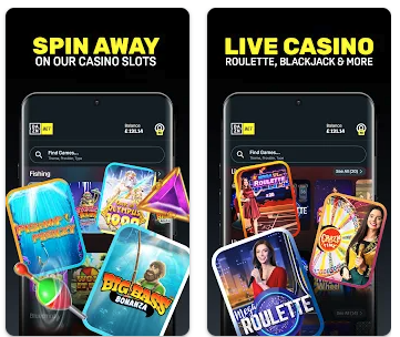 Promotional screenshot from the DAZN Bet mobile casino app highlighting casino slots and live dealer games. Two smartphone screens are displayed side by side against a black background. The left panel features the headline “SPIN AWAY ON OUR CASINO SLOTS” and showcases slot game artwork including Big Bass Bonanza and other colorful slot titles. The right panel features the headline “LIVE CASINO ROULETTE, BLACKJACK & MORE” and displays live dealer game thumbnails, including roulette and Crazy Wheel-style games. Both screens show the DAZN Bet app interface with a search bar and casino lobby navigation, illustrating the platform's mix of online slots and live casino gaming options. Provide your feedback on BizChat