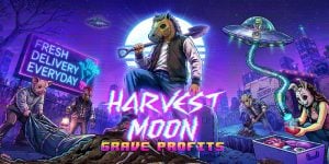 Harvest Moon: Grave Profits online slot game by Pragmatic Play featuring a neon-lit horror-farming theme. The artwork shows a masked figure with a horse head standing on a grave mound while holding a shovel beneath a glowing full moon. Surrounding scenes include characters in animal masks, a delivery truck, alien spacecraft, and crates filled with produce in a surreal rural landscape. A bright neon sign reading “Fresh Delivery Every Day” appears on the left, while the game title “Harvest Moon: Grave Profits” is displayed prominently in the center. Purple, blue, and pink retro-inspired lighting creates a dark, sci-fi atmosphere that blends farming, mystery, horror, and extraterrestrial themes.