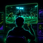Neon-style illustration exploring how sports betting influences sports viewing. In the center, a person sits in front of multiple connected digital screens displaying a live American football game, player statistics, performance analytics, and betting-style charts. A tablet on the left shows graphs and data trends, while screens on the right display player profiles and statistical dashboards. Bright green and purple neon outlines connect the displays, emphasizing the relationship between live sports action, real-time data, and fan engagement. The image uses a futuristic digital aesthetic with a dark background and glowing interface elements.