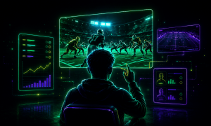 Neon-style illustration exploring how sports betting influences sports viewing. In the center, a person sits in front of multiple connected digital screens displaying a live American football game, player statistics, performance analytics, and betting-style charts. A tablet on the left shows graphs and data trends, while screens on the right display player profiles and statistical dashboards. Bright green and purple neon outlines connect the displays, emphasizing the relationship between live sports action, real-time data, and fan engagement. The image uses a futuristic digital aesthetic with a dark background and glowing interface elements.