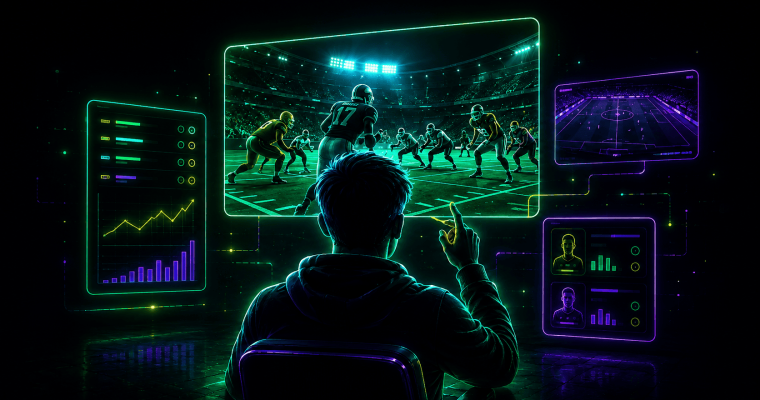 Neon-style illustration exploring how sports betting influences sports viewing. In the center, a person sits in front of multiple connected digital screens displaying a live American football game, player statistics, performance analytics, and betting-style charts. A tablet on the left shows graphs and data trends, while screens on the right display player profiles and statistical dashboards. Bright green and purple neon outlines connect the displays, emphasizing the relationship between live sports action, real-time data, and fan engagement. The image uses a futuristic digital aesthetic with a dark background and glowing interface elements.