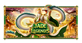 Jade Legends online slot game by Pragmatic Play featuring an ancient jade emperor wearing a golden crown and ornate armor. The game logo, “Jade Legends,” appears prominently in green and gold in the foreground, while traditional East Asian-inspired architecture, temple rooftops, mountains, and blooming cherry blossom trees create a luxurious backdrop. The artwork uses rich gold, green, and cream tones to highlight the slot's fantasy theme centered on jade treasures, ancient royalty, and cultural mythology.
