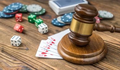 Judge gavel, card money chips, dices