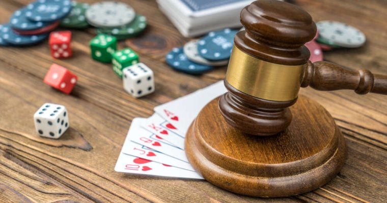 Judge gavel, card money chips, dices