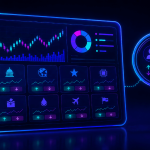 Neon-style illustration of a digital prediction market platform displayed on a large tablet screen. The dashboard features a candlestick price chart, a circular portfolio chart, and multiple market categories represented by icons including government, global affairs, entertainment, technology, elections, commodities, travel, and sports. Each market tile shows trend lines and up/down indicators. To the right, a magnifying glass highlights a trader profile alongside market performance data and chart activity. The image uses glowing blue, purple, and cyan colors against a dark background to represent market analysis, forecasting, and prediction trading.