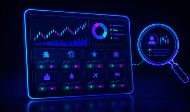 Neon-style illustration of a digital prediction market platform displayed on a large tablet screen. The dashboard features a candlestick price chart, a circular portfolio chart, and multiple market categories represented by icons including government, global affairs, entertainment, technology, elections, commodities, travel, and sports. Each market tile shows trend lines and up/down indicators. To the right, a magnifying glass highlights a trader profile alongside market performance data and chart activity. The image uses glowing blue, purple, and cyan colors against a dark background to represent market analysis, forecasting, and prediction trading.